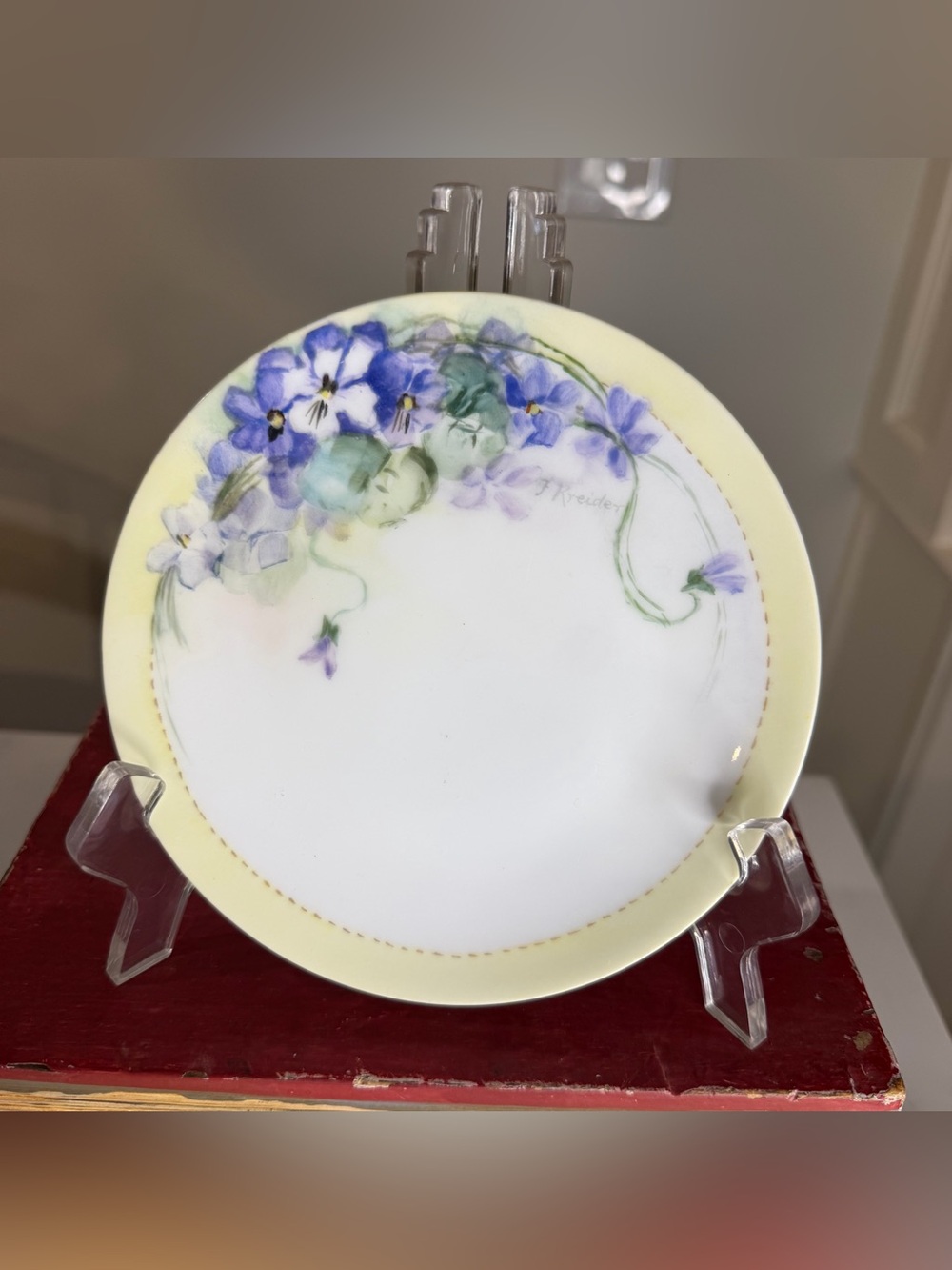 VTG Bavaria Porcelain Floral Decorative Plate - Yellow Border with Purple Violet